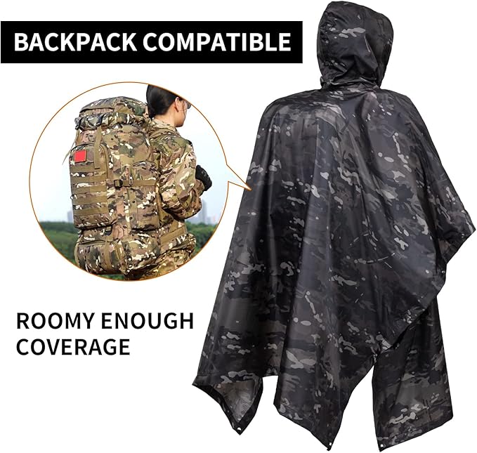 Camo Rain Poncho, Multi Use Waterproof Rain Coat