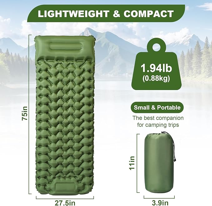 Sleeping Pad for Camping - Ultralight (1.9lbs) Inflatable Camping Mattress with Built-in Pillow & Foot Pump, 4" Thick Compact Air Pad for Backpacking, Hiking, Traveling, One-Second Deflation
