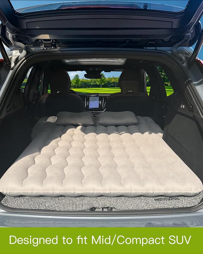SUV Air Mattress, Inflatable Car Mattress Bottle and Phone Holder Thickened Flocking & PVC Surface Car Bed with Electric Air Pump Travel Mattress for Car Camping Road Trip (Grey)