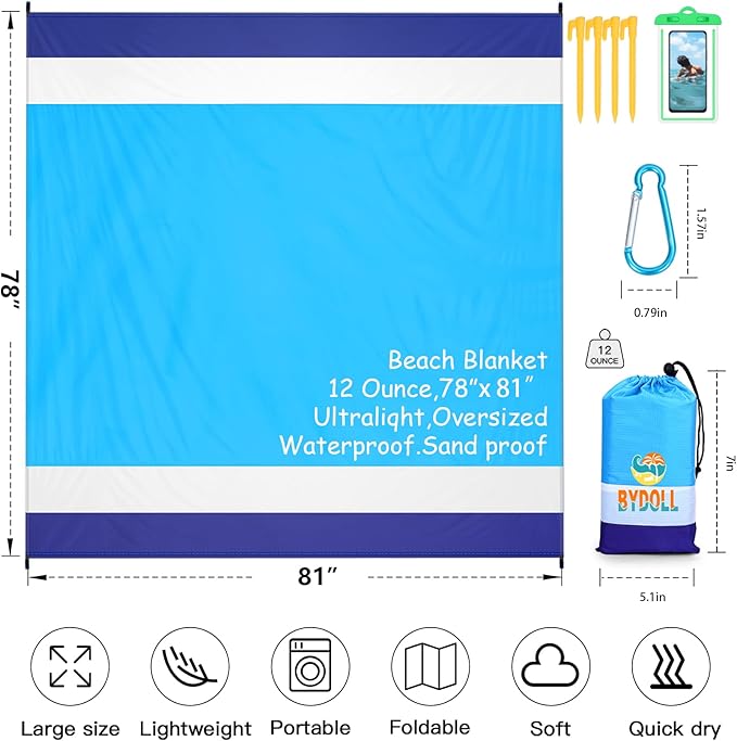 BYDOLL Beach Blanket Waterproof Sandproof 78''×81'' 1-7 Adults Oversized Lightweight Large Picnic Mat Waterproof Sandproof Blanket for Beach
