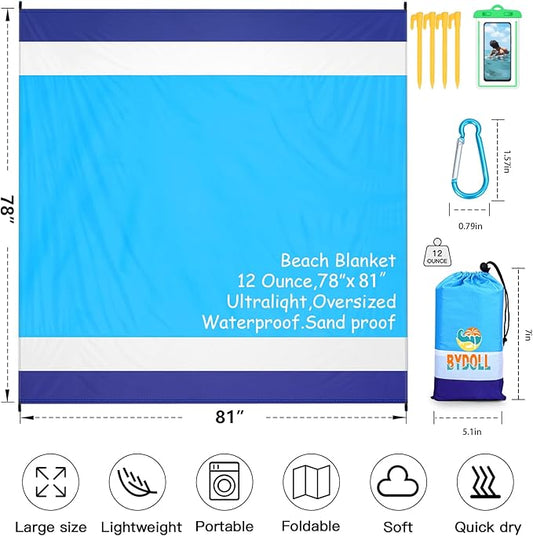 BYDOLL Beach Blanket Waterproof Sandproof 78''×81'' 1-7 Adults Oversized Lightweight Large Picnic Mat Waterproof Sandproof Blanket for Beach
