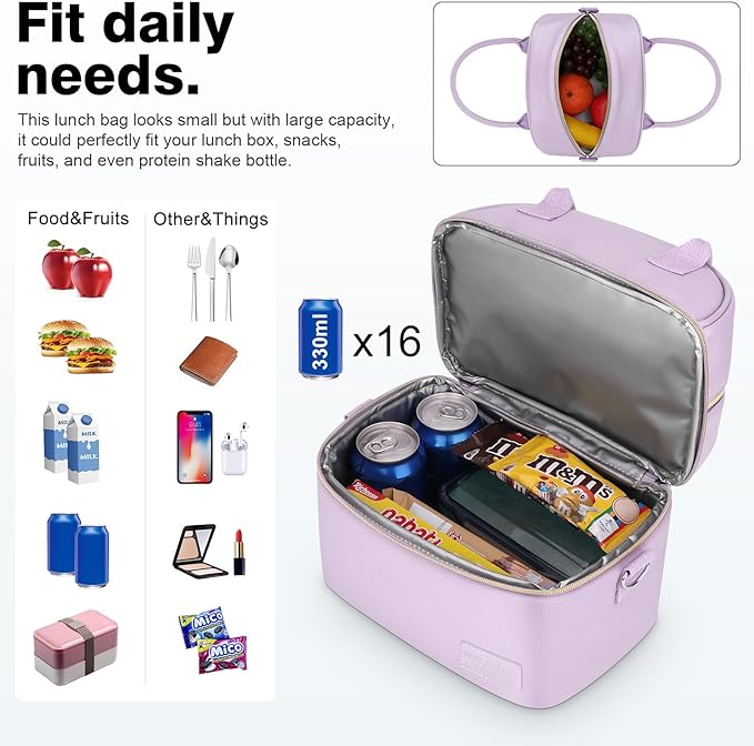 BALORAY Lunch Bag for Women Men, Double Deck Lunch Box for Adults, PU Leather Lunch Tote Bag Insulated Lunch Bags with Strap for Work Office Picnic (Purple)