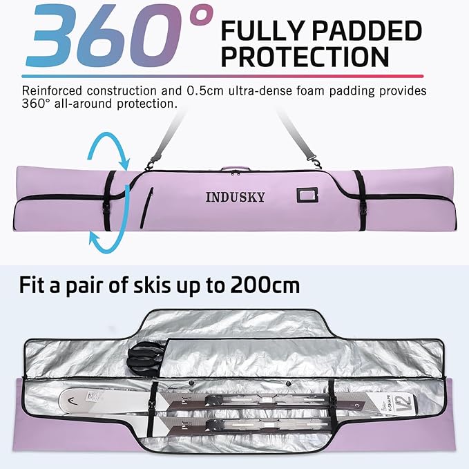 Padded Ski Bag - Waterproof, Adjustable Length, Fits Skis Up to 200cm, Portable Snow Travel Bag with Removable Shoulder Strap