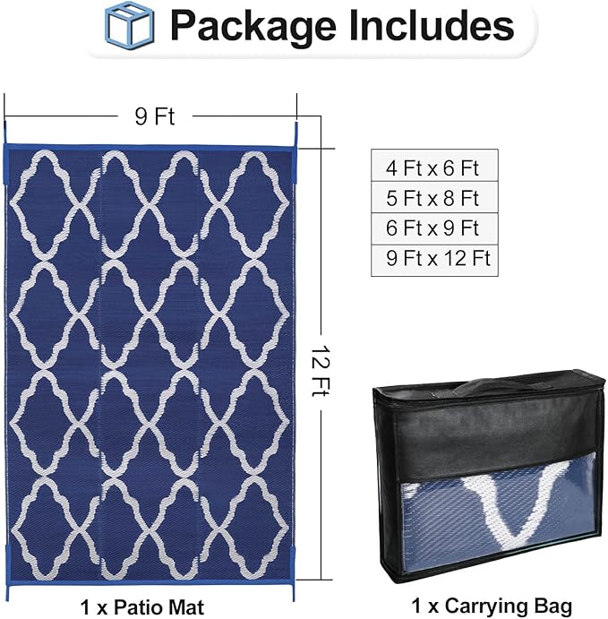 OutdoorLines Outdoor Plastic Area Rugs for Patio 9x12 ft - Reversible Outside Carpet, Stain & UV Resistant RV Mats, Straw Rug for Camping, Deck Garden, Porch and Balcony, Moroccan Navy & Light Grey