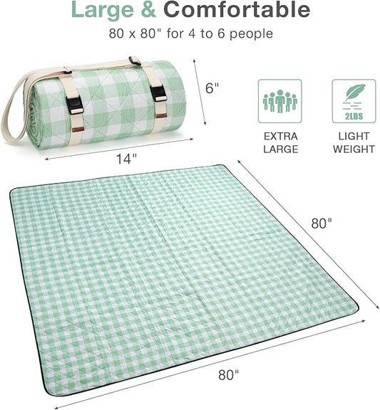 Picnic Blanket, 80''x80'' Waterproof Outdoor Blankets, Picnic Mat Washable for Beach, Picnic Blankets for Camping on Grass with Shoulder Strap - Green & White