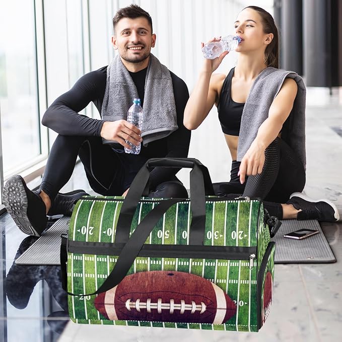 American Football Field And Ball Dry Wet Depart Duffle Overnight Bag with Shoes Compartment & Wet Pockets, Water Resistant Weekender Travel Gym Pouch For Swim Gymnastics Ballet Sleepovers