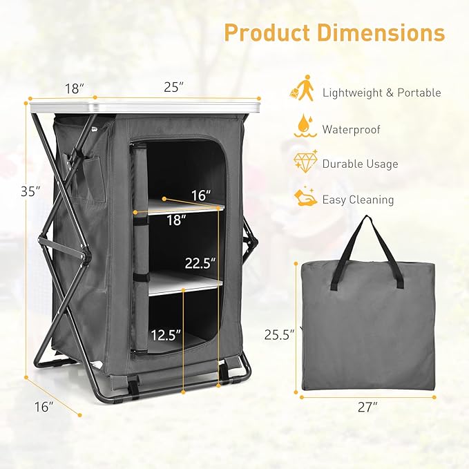 Goplus Folding Camping Storage Cabinet, Pop Up Outdoor Camping Kitchen Station with Large 3-Tier Storage Organizer, Carry Bag, Easy Set Up Portable Compact Camping Table for BBQ Picnic Backyard (35'')