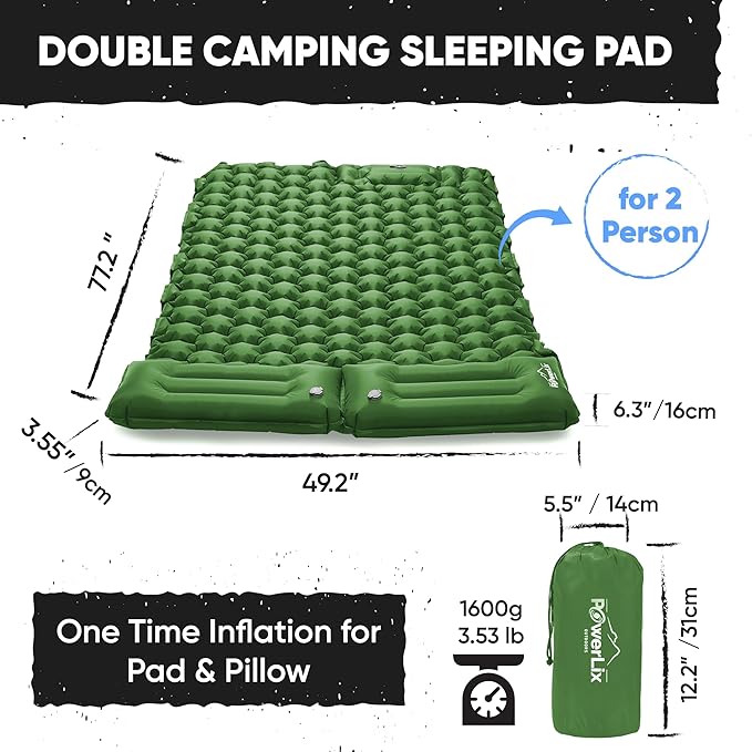 POWERLIX Double Camping Sleeping Pad Camping Pad for 2 Person with Pillow Built-in Foot Pump Inflatable Sleeping Pad, Backpacking, Hiking, Portable Camping Mattress Green