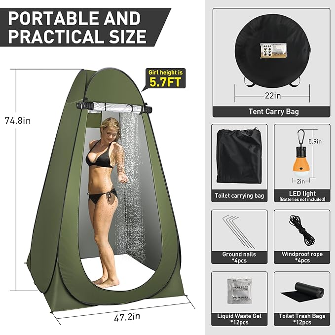 Portable Camping Toilet with Pop-Up Privacy Tent, 12-inch Toilet Seat, Outdoor Portable Folding Toilet Potty for Adults Load Capacity of 400 Lbs, LED-Light Camping Bathroom