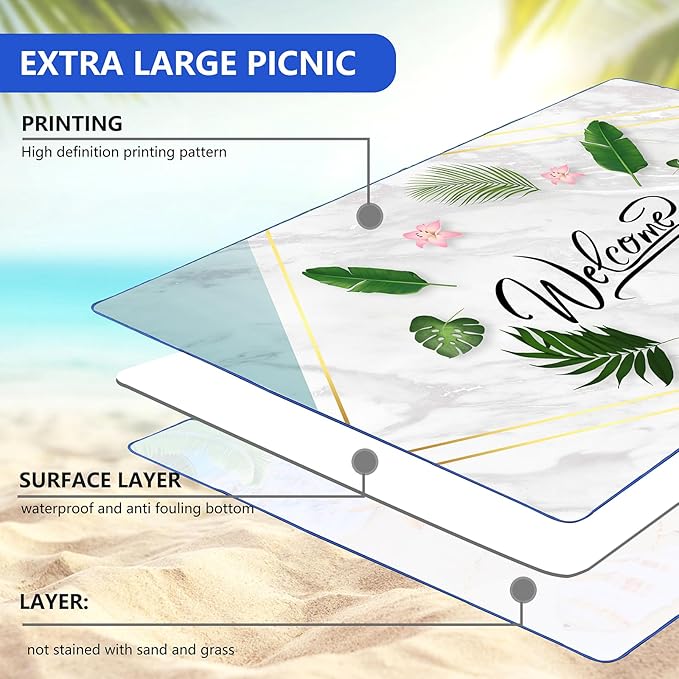 Picnic Blanket, Foldable Waterproof Sand Mat, Extra Large Picnic Blanket Outdoor Picnic Mat Beach Blanket for Park Grass Camping Hiking Travel Family Concerts