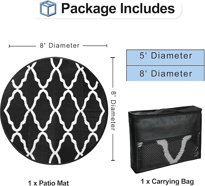 OutdoorLines Indoor Outdoor Rugs for Patio 8 Feet - Reversible Outside Carpet, Stain & UV Resistant Portable RV Mats, Plastic Straw Rug for Camping, Pool Deck, Porch Moroccan/Black & White