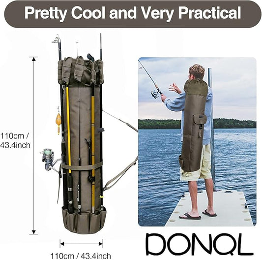 DONQL Fishing Rod Bags Outdoor Fishing Pole Holders Multifunction Camping Portable Canvas Backpack Case Fish Rod Storage Bag Fishing Rod Case Holding 5 Poles & Fishing Tackles (Khaki)