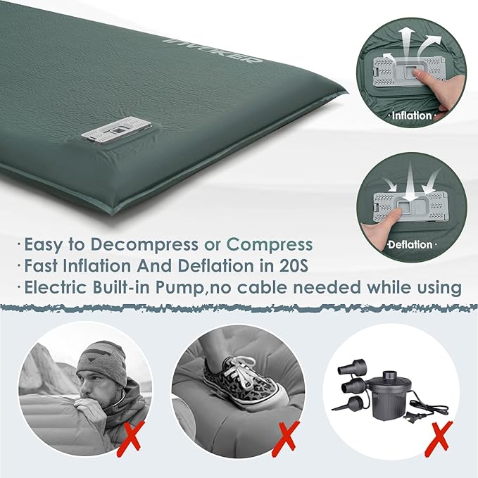 INVOKER Camping Sleeping Pad Foam Built-in Electric Air Pump 3.4" Ultra-Thick Self Inflating Sleeping Pad Fast Inflating in 20s Camping Mattress with Pillow for Car, Travel, Tent, Picnc