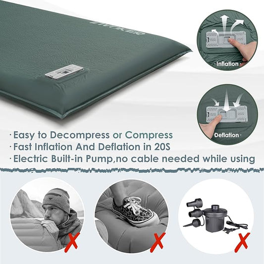 INVOKER Camping Sleeping Pad Foam Built-in Electric Air Pump 3.4" Ultra-Thick Self Inflating Sleeping Pad Fast Inflating in 20s Camping Mattress with Pillow for Car, Travel, Tent, Picnc