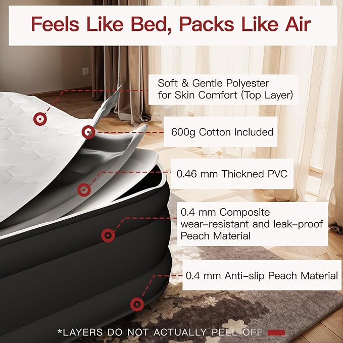 CHILLSUN Luxury Queen Air Mattress with Built in Pump,18" Raised Comfort Blow up Mattress,Dual Layer Mattress Topper Airbed, Durable Inflatable Mattress for Guests Home, Colchon Inflable 800lbs Max