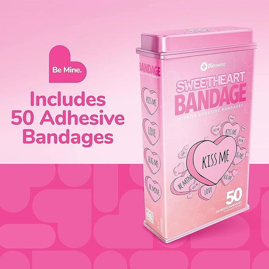 BioSwiss Bandages, Valentine Heart Shaped Self Adhesive Bandage, Latex Free Sterile Wound Care, Fun First Aid Kit Supplies for Kids, 50 Count