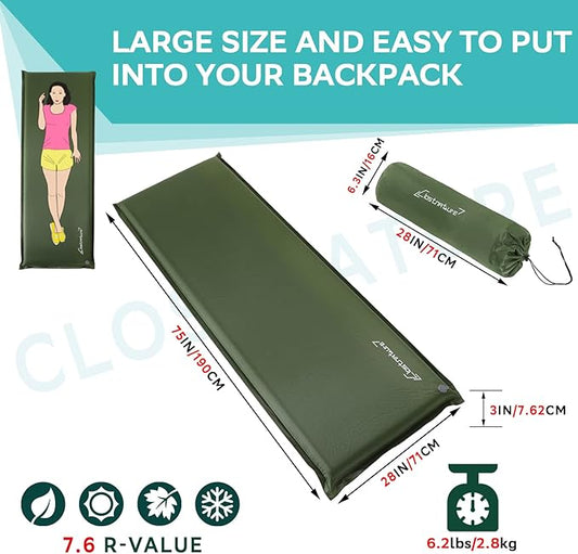 Clostnature Self Inflating Sleeping Pad for Camping - 1.5/2/3 inch Camping Pad, Lightweight Inflatable Sleeping Mat for Backpacking, Compact Ultralight Foam Camping Air Mattress for Tent, Hammock