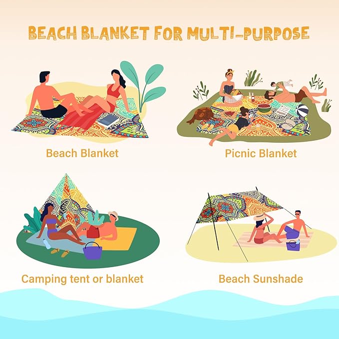 Beach Blanket Waterproof Sandproof 1-7 Adult Oversized 78 '' × 110 '' Lightweight Durable Compact Sand Free Beach Mat for Travel Camping Hiking Picnic Blanket Extra Large