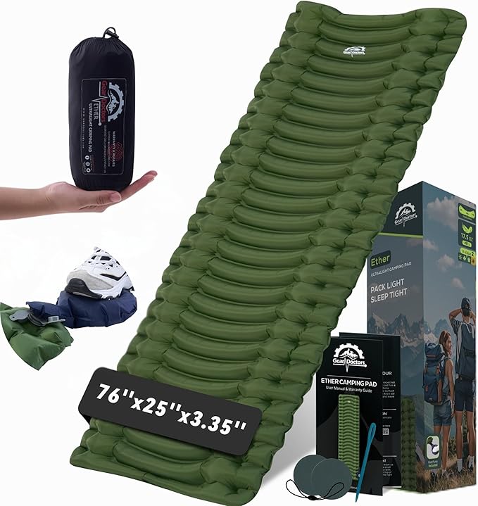 GearDoctors® Ether Ultralight Sleeping Pad 17.5oz – Compact Camping Air Mattress – Inflatable Sleeping Mat for Backpacking, Hiking, Tent, Outdoor Travel