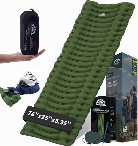 GearDoctors® Ether Ultralight Sleeping Pad 17.5oz – Compact Camping Air Mattress – Inflatable Sleeping Mat for Backpacking, Hiking, Tent, Outdoor Travel