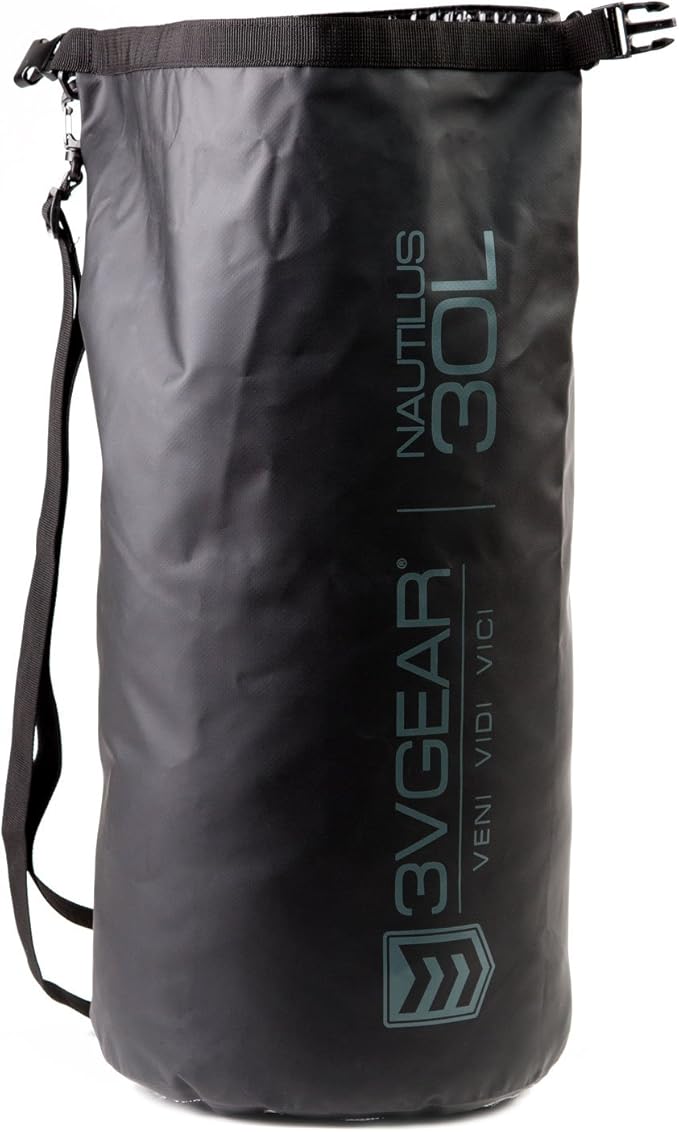 3VGEAR Nautilus Waterproof Dry Bag - 30L Heavy-Duty PVC Tarpaulin Waterproof Dry Bag with Removable Shoulder Strap, Roll-Top Closure, Sealed Seams - For Boating, Kayaking and Outdoors - Black