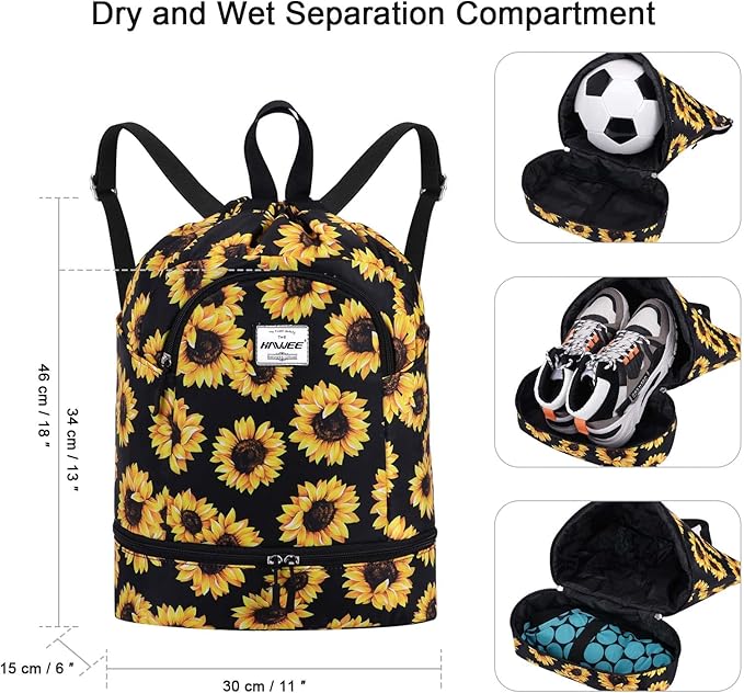 Dry Wet Drawstring Backpack with Shoe Compartment for Women Adjustable Gym Bag