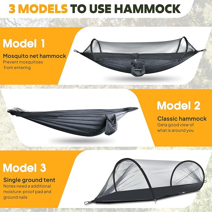 Chihee Ultra-Light Travel Camping Hammock Pop-up Net Hammock 660lbs Load Capacity,Breathable,Quick-Drying Parachute Nylon 2 Premium Carabiners,2 Tree Slings Included for Outdoor Backpacking Hiking