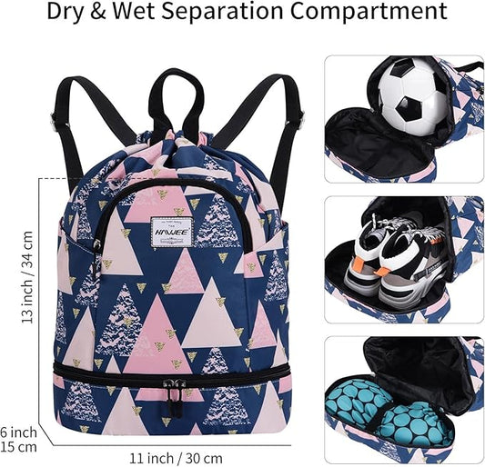 Dry Wet Drawstring Backpack with Shoe Compartment for Women Adjustable Gym Bag