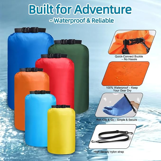 6 Pcs Dry Bags Waterproof，Lightweight dry bags for kayaking waterproof，Multi-Size Outdoor dry sack Waterproof Bag for Boating, Beach, Hiking（3L,5L,8L,12L,15L,25L）