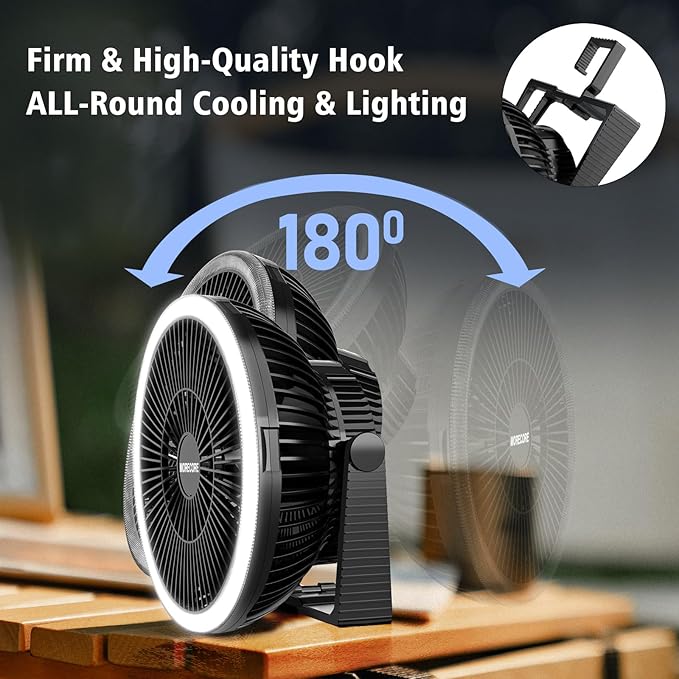 MORECORE Portable Camping Fan with LED Lantern, 24HRS Running 8inch Rechargeable Tent Fan, Powerful 3-Speed 180° Rotate with Hook, Quiet for Outdoor RV Travel Fishing Hurricane Emergency Power Outage