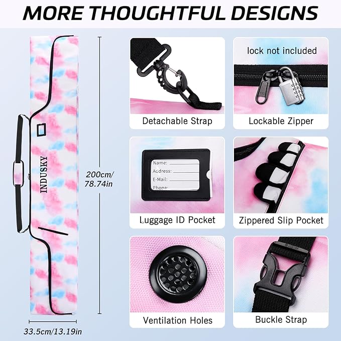 Padded Ski Bag - Waterproof, Adjustable Length, Fits Skis Up to 200cm, Portable Snow Travel Bag with Removable Shoulder Strap