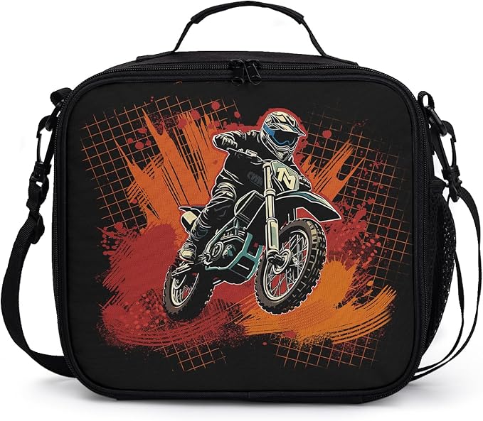 Doodle Motorcycle Lunch Bag Dirt Bike Lunch Boxes for Women/Man Office Work Travel, School, Work, Picnic, Durable Reusable Insulated Large Lunch Tote Bag with Adjustable Shoulder Strap