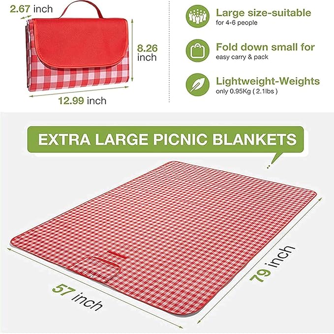 Picnic Blanket|Beach Mat|Picnic Blanket for Indoor and Outdoor, 80" x 60" Sandproof Waterproof Larger Mat for Beach, Travel, Camping, Hiking, Park Grass,Handy Mat Tote, Foldable. (Red Plaids)