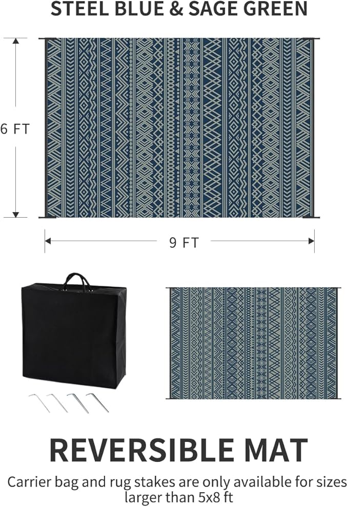 MontVoo Outdoor Rug Carpet Waterproof 6x9 Outdoor Patio Rug Mat Reverisble Plastic Straw Outdoor Rug for RV Camping Picnic Beach Balcony Boho Blue Green