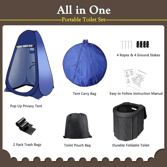 Portable Outdoor Camping Toilet Kit for Adults,Pop Up Privacy Tent, Camping Folding Toilet, 30 Toilet Bags, Washable Foldable for Travel, RV, Car, Beach, Hiking