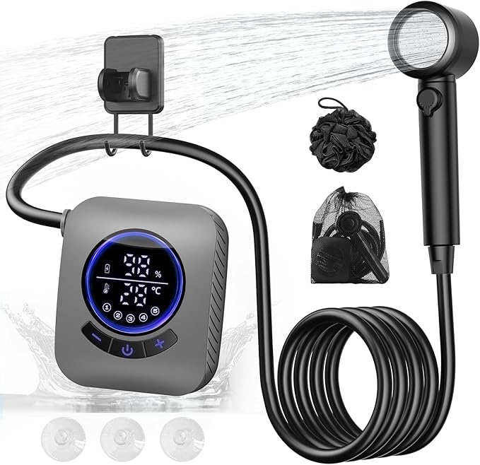 Portable Shower - 8000mAh Rechargeable Camping Shower Pump with Bath Sponge, 4 Spray Modes, IPX8 Waterproof, Ideal for Outdoor Camping, Travel, Car Washing, Pet Bathing, and Watering Plants