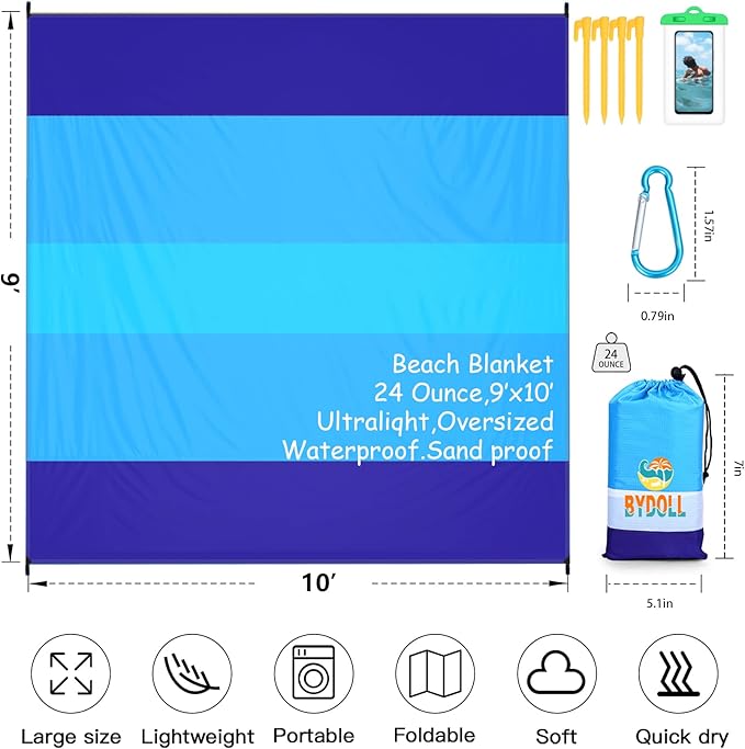 BYDOLL Beach Blanket Waterproof Sandproof 78''×81'' 1-7 Adults Oversized Lightweight Large Picnic Mat Waterproof Sandproof Blanket for Beach