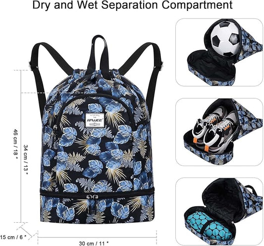 Dry Wet Drawstring Backpack with Shoe Compartment for Women Adjustable Gym Bag