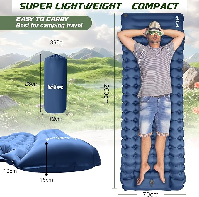 Camping Sleeping Pad, Ultralight Inflatable Camping Mat with Pillow Built-in Foot Pump Inflatable Sleeping Pads for Hiking Backpacking Camping Family Trips Tent(Blue)