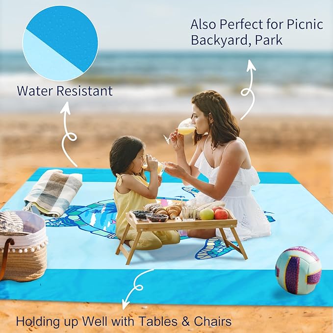 Beach Blanket Waterproof Sandproof 79"x 83" for 1-4 Adults,Quick Drying Beach Mat,Lightweight & Durable,Beach Essentials for Family Beach Camping Travel Picnic(Blue Turtle)