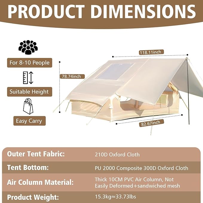 Inflatable Camping Tent with Pump, Upgraded Waterproof Windproof Glamping Blow Up Tent, Easy Setup 4 Season Air Cabin House with Mesh Windows & Door,4-6 Persons