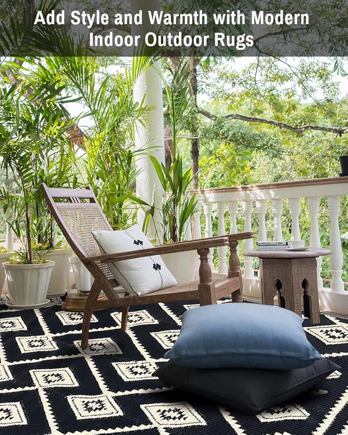 LILIOFFIC Outdoor Rugs - Reversible Mats, 5'x8' Plastic Straw Rug for Patio Clearance Waterproof, Indoor Outdoor Area Rug Carpet for Outside, RV, Deck, Picnic, Beach, Trailer, Camping(Black & Beige)