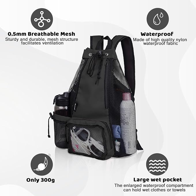 Swim Bag Beach Backpack with Padded Shoulder Strap Mesh Backpack with Wet Pocket for Swimming, Gym