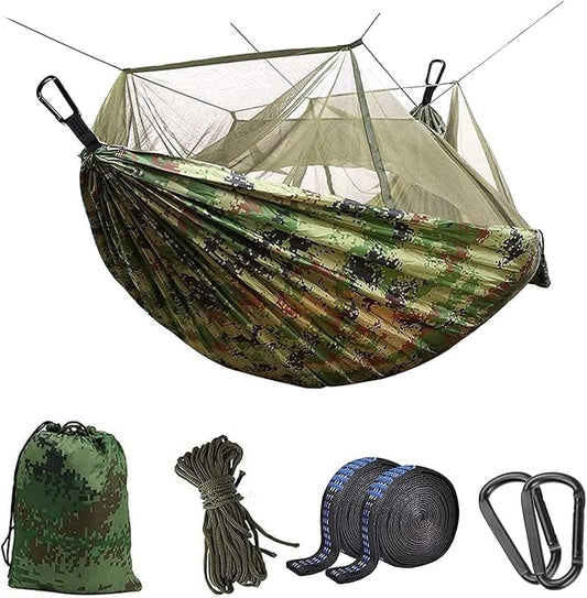 Camping Hammock with Mosquito Net - Ultra Lightweight Durable Double/Single Travel Hammock 210T Parachute Nylon with Tree Straps 660lbs Capacity for Garden Camping Backpacking, Camo