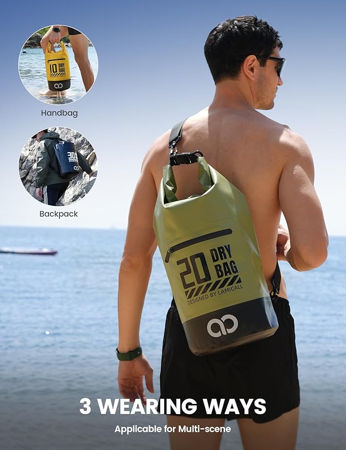 Lamicall Dry Bag Waterproof Backpack - [Zippered Pocket] 10L/20L Roll Top Waterproof Bag with Water proof Phone Case, Floatable Drybag for Swimming, Boating, Kayaking, Camping, Beach
