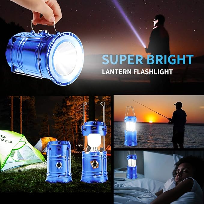 LED Camping Lantern, Solar and Rechargeable Lantern Flashlight Collapsible and Portable Light for Daily/Camp/Hiking/Night Fishing/Emergency/Hurricanes/Storm(Blue, 1 Pack)