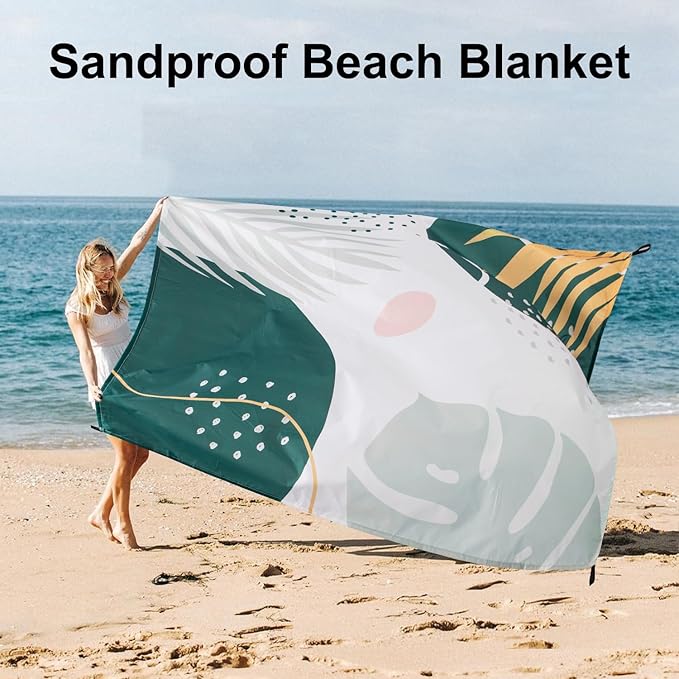 Beach Blanket Waterproof Sandproof Oversized, 110''×118'' Extra Large Beach Mat Sand Free, Lightweight Compact Folable Green Pinic Blanket w/ 4 Stakes & Pockets for Camping, Travel, Beach Accessories