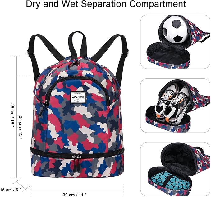 Dry Wet Drawstring Backpack with Shoe Compartment for Women Adjustable Gym Bag