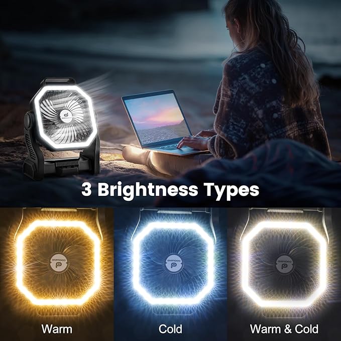 Odoland Camping Fan with LED Lantern, 20000mAh Rechargeable Battery Operated Fan, Portable Outdoor Light with Rotation Hook for Picnic Power Outage Hurricane Emergency Home Patio, Black