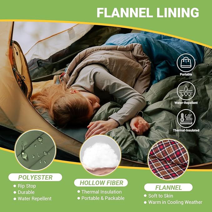 KingCamp Sleeping Bag for Adults, Cold Weather & Warm Extra Wide Big & Tall XL Portable Waterproof Flannel Sleeping Bags, Essentials Gear Accessories for Camping Backpacking Hiking Indoor & Outdoor